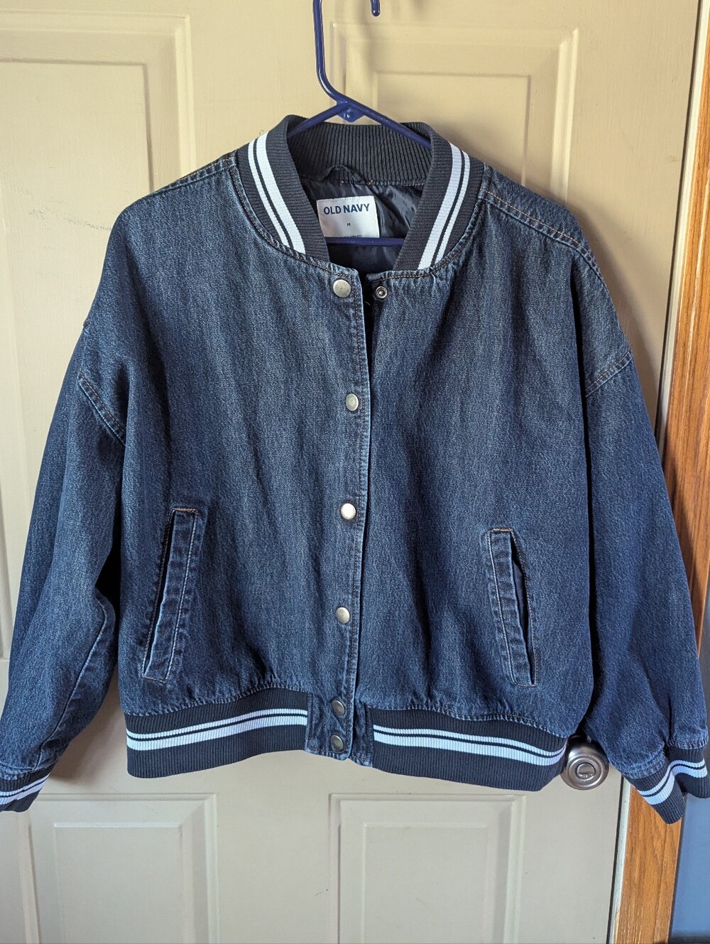 Old Navy Dark Blue Denim Varsity Bomber Jacket with Striped Trim